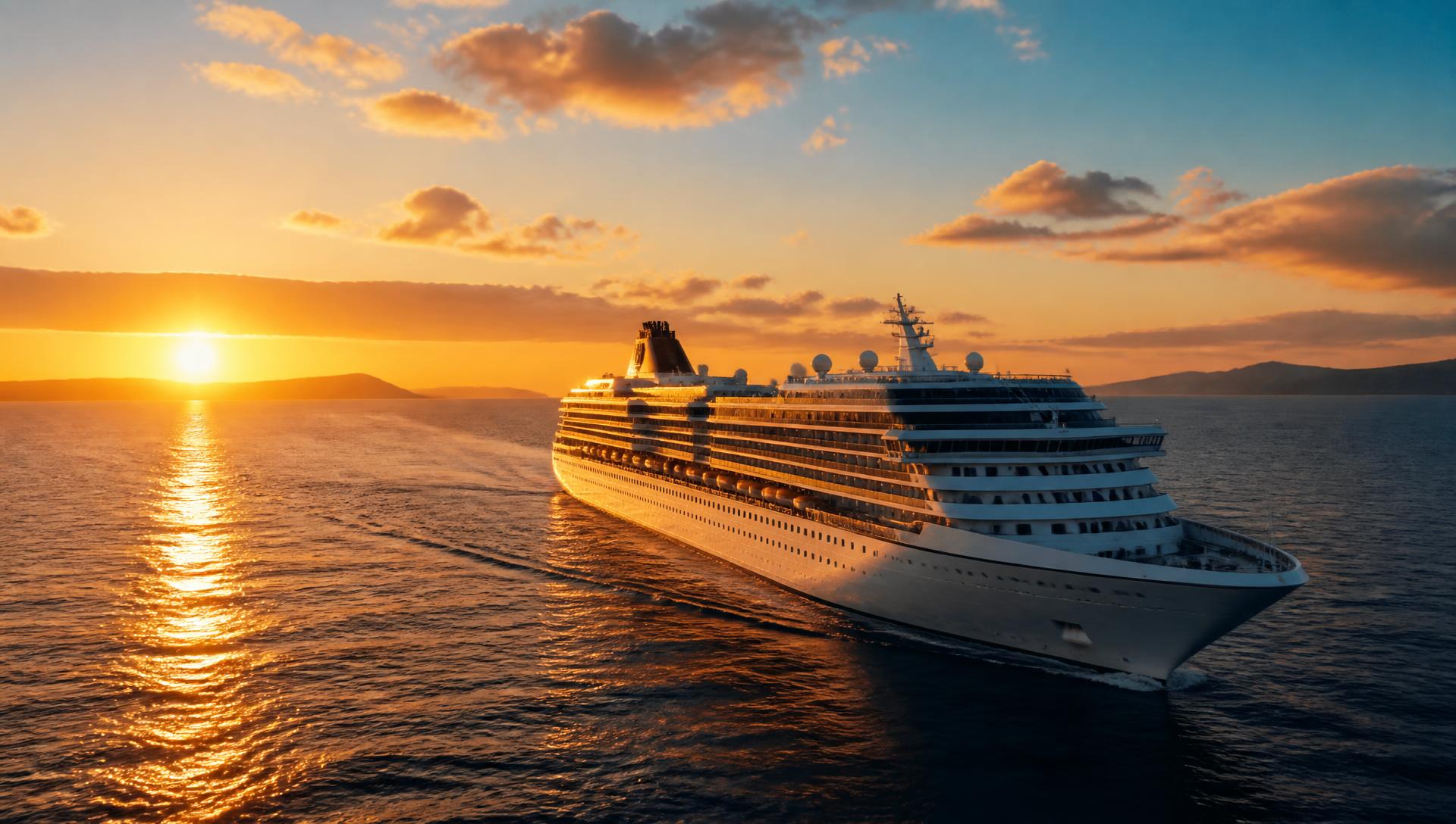 Cruise ship sailing at sunset